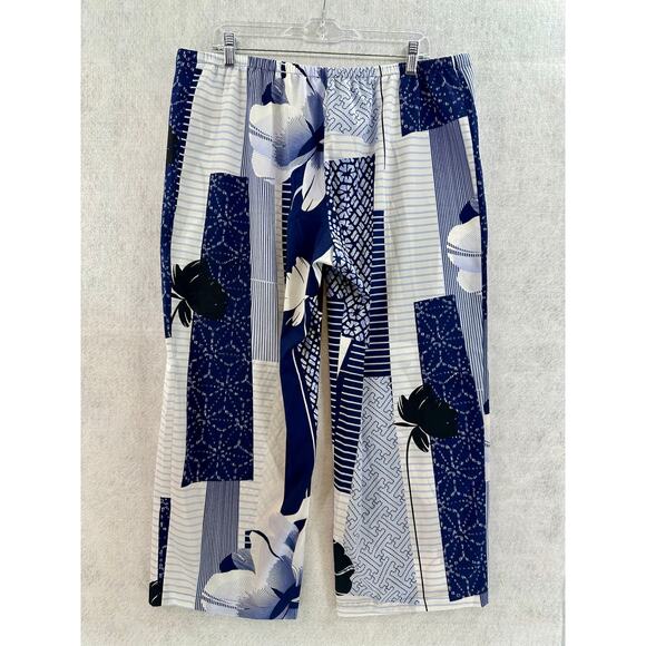 Natori Kabuki PJ Set Large Floral Short Sleeve Draw String Bottoms Blue White - Picture 4 of 14
